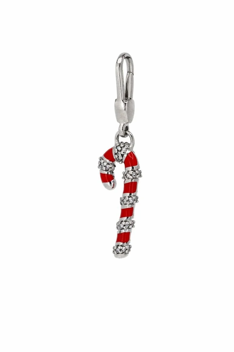 Sterling Silver Red Enamel Diamond Candy Cane Charm