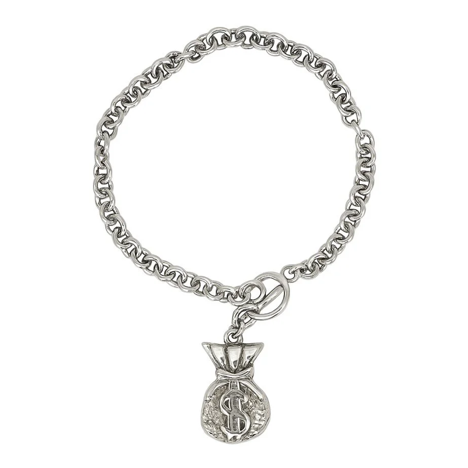 Sterling Silver 7.5" Rolo Link Rhodium Plated Money Bag Bracelet