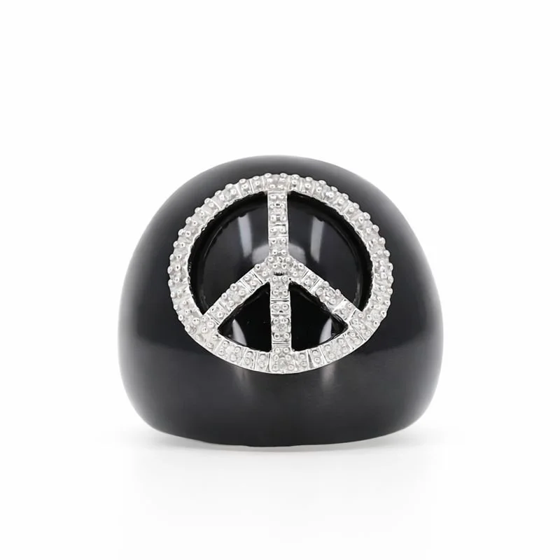 Sterling Silver Black Enamel Diamond Peace Ring