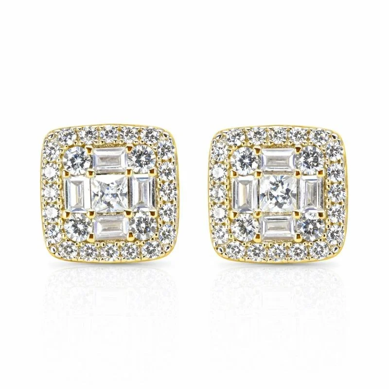 Sterling Silver Gold Plated CZ Baguette Square Stud Earrings