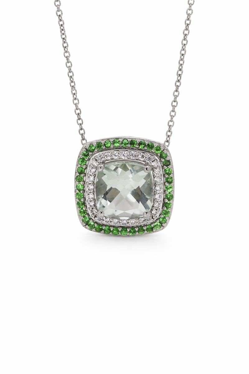 Sterling Silver White & Green CZ Halo Pendant Necklace