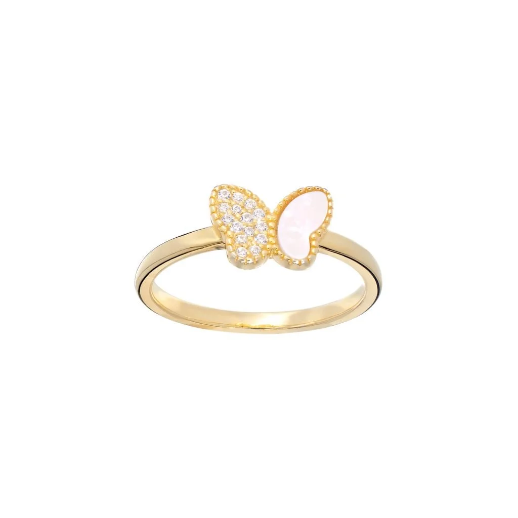 14k Gold Plated CZ & Mother of Pearl Butterfly Ring