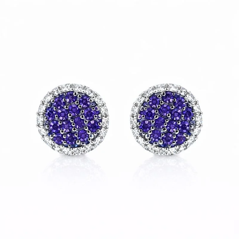 Sterling Silver Clear & Purple CZ Drum Stud Earrings