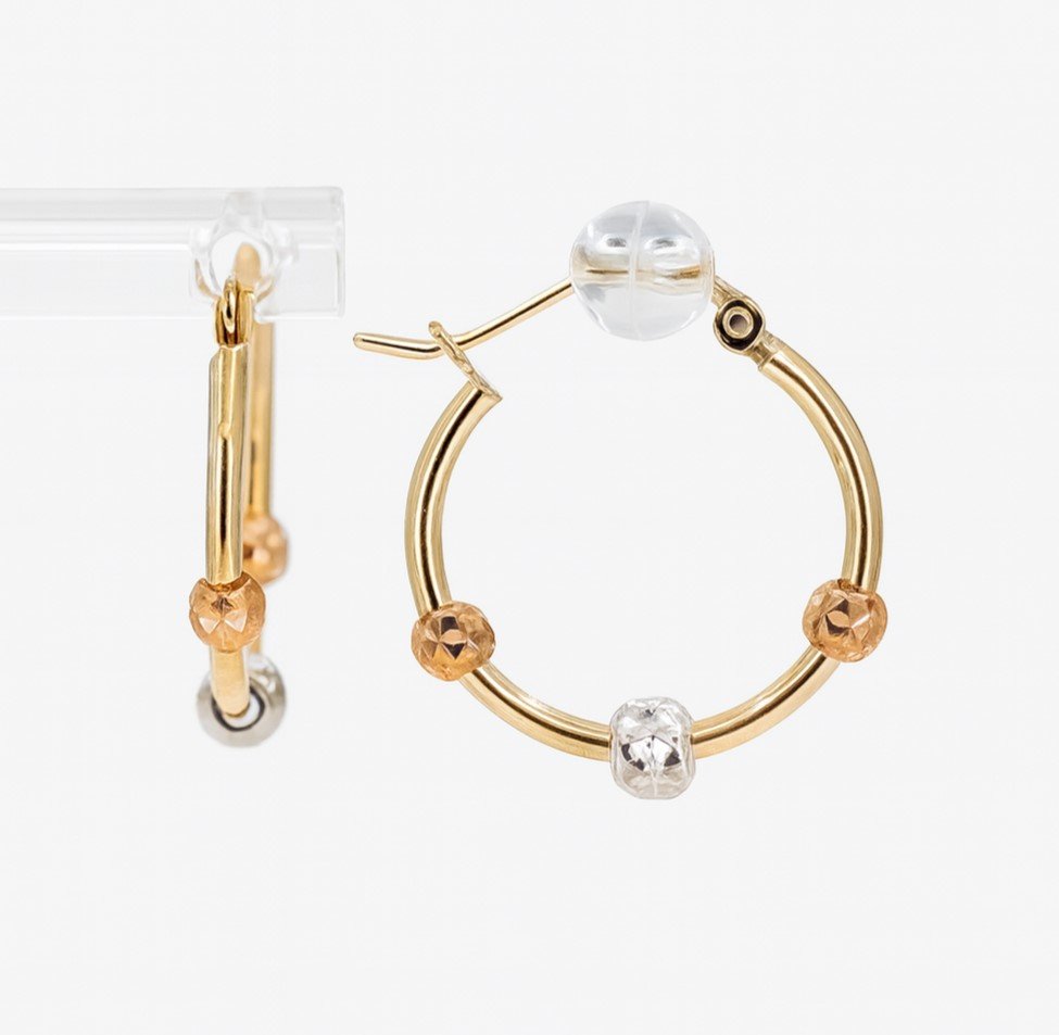 10K Tri-Color Gold Diamond-Cut Bead Hoop Earrings