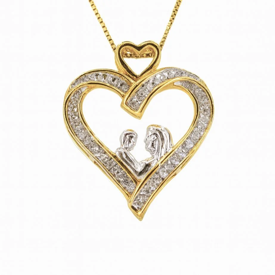 Sterling Silver & 14K Gold Diamond Mother & Child Heart Pendant Necklace