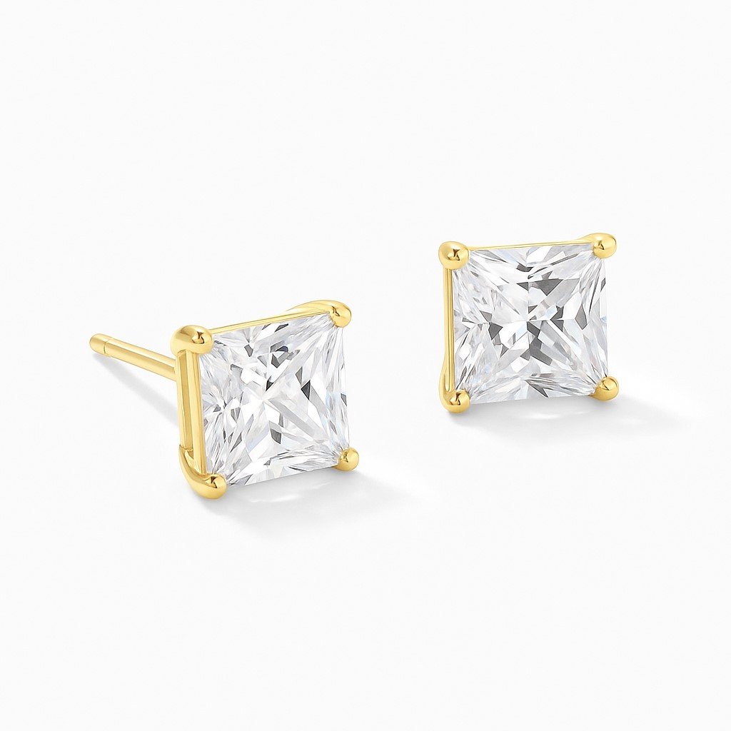 14K Gold Princess Cut CZ Stud Tension Back Earrings