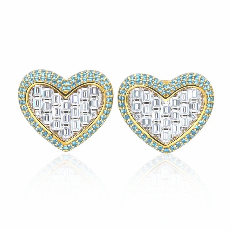 10k Yellow Gold Turquoise & White CZ Heart Stud Earrings