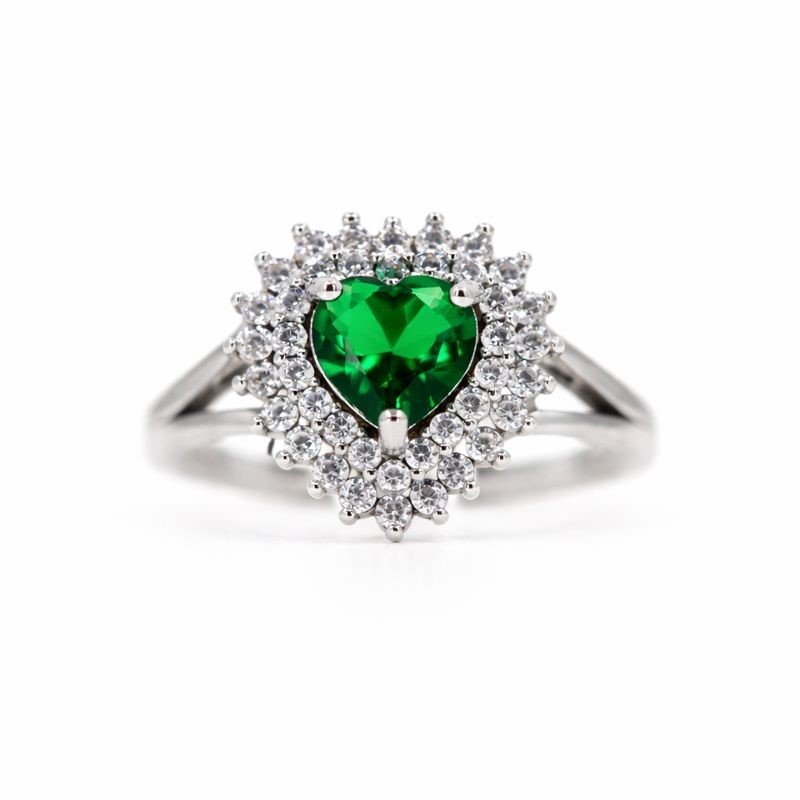 Sterling Silver White & Green CZ Heart Ring