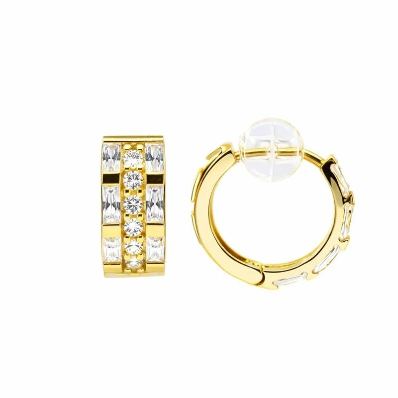 14K Yellow Gold Three-Row Channel Set CZ Baguette 5mm Hoop Earrings