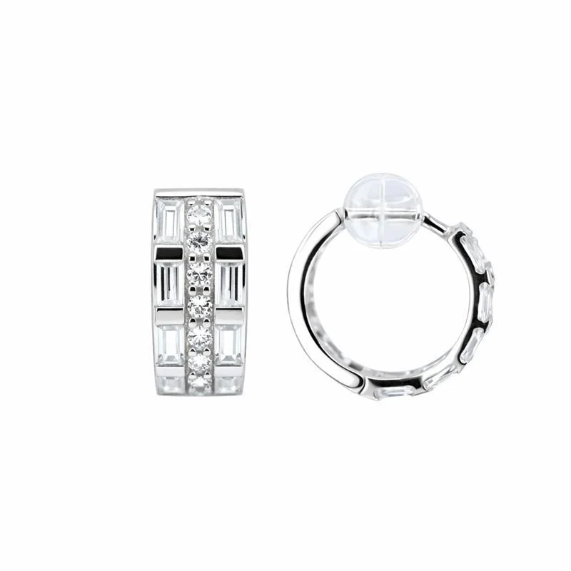 14K White Gold Three-Row Channel Set CZ Baguette 5mm Hoop Earrings
