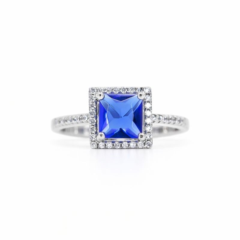 Rhodium-Plated Blue & White CZ Square Halo Ring