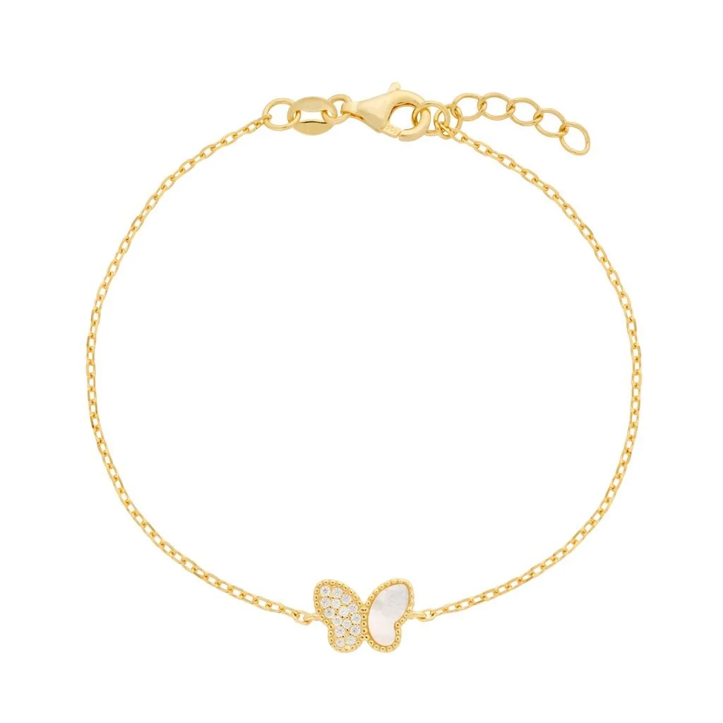 14k Gold Plated CZ & Mother Of Pearl Butterfly Bracelet