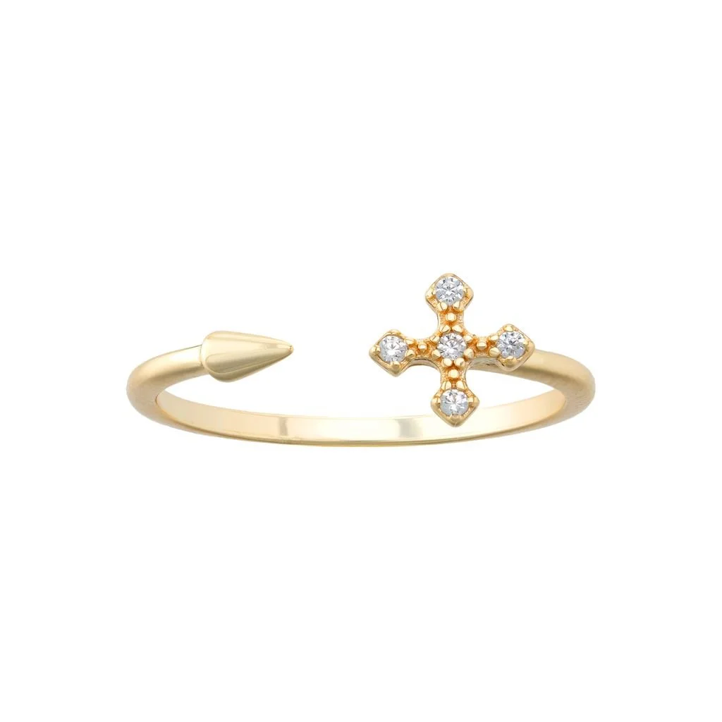 14k Gold Plated CZ Cross & Spike Ring