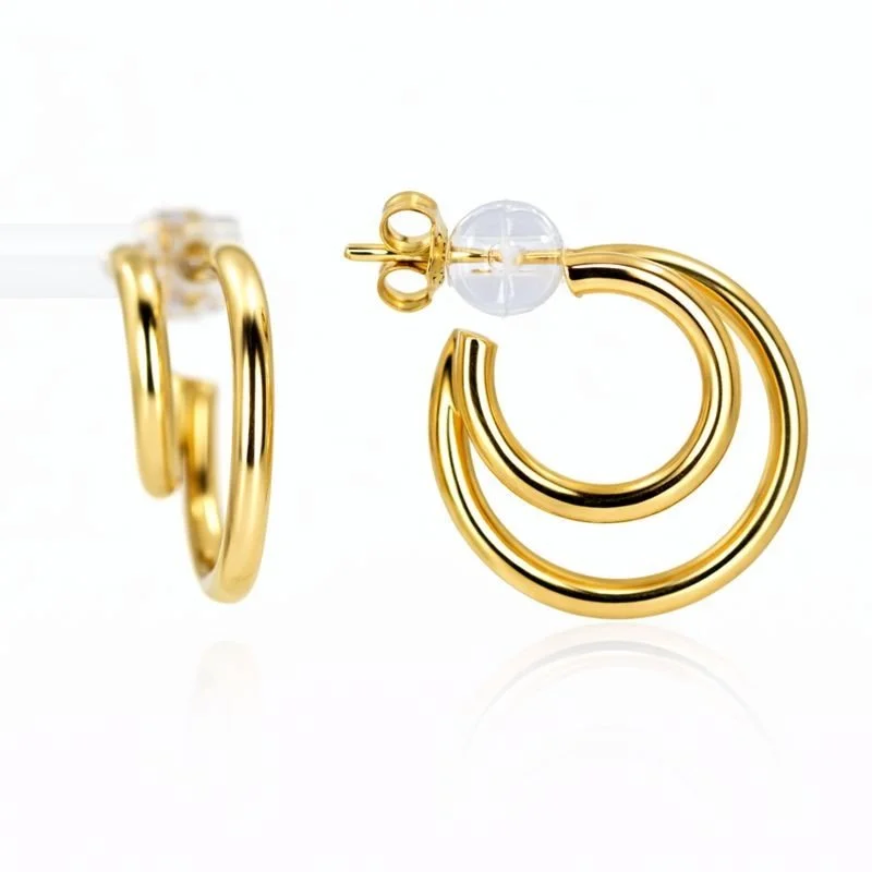 14K Gold Double Row J Hoop Stud Earrings