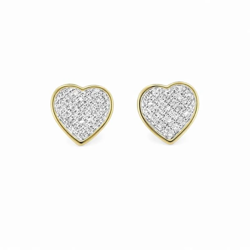14K Yellow Gold Plated Pavé Set Diamond Heart Stud Earrings