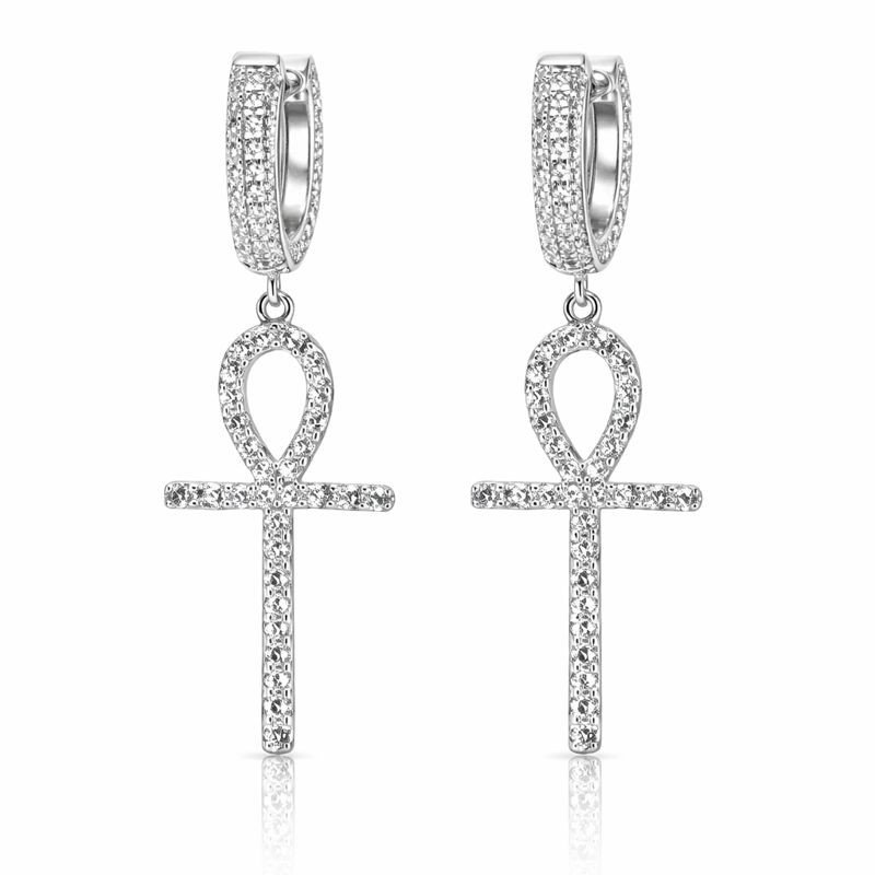 Rhodium Plated CZ Ankh Dangle Huggie Earrings