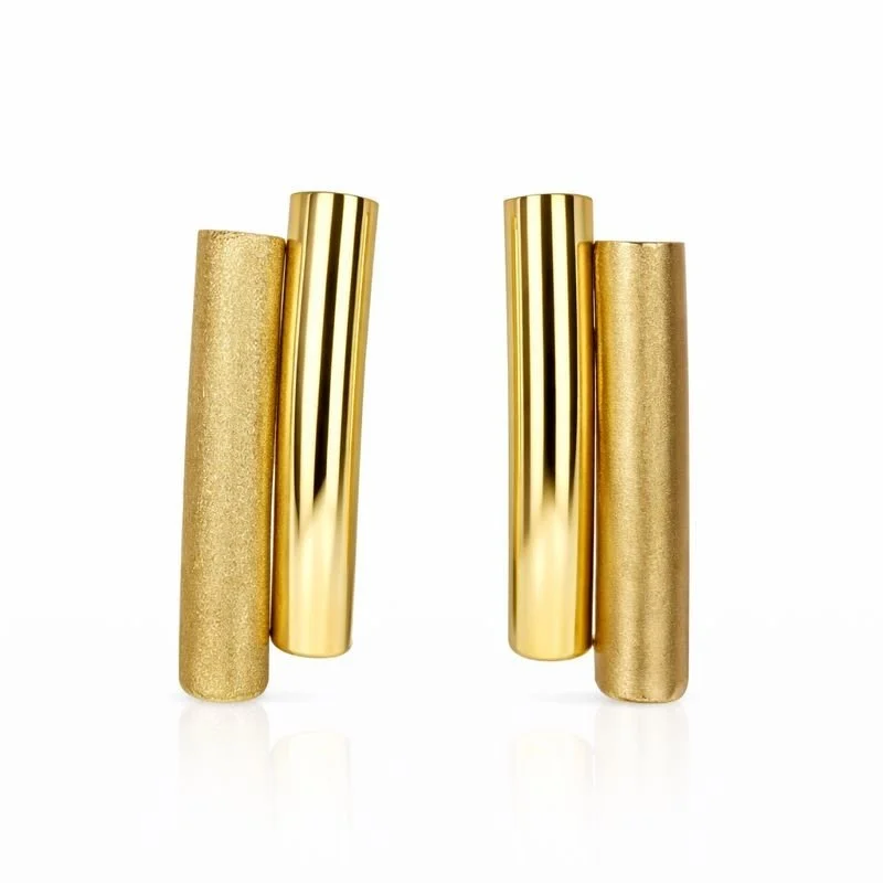 10K Yellow Gold Satin & High Polish Bar Tube Earrings