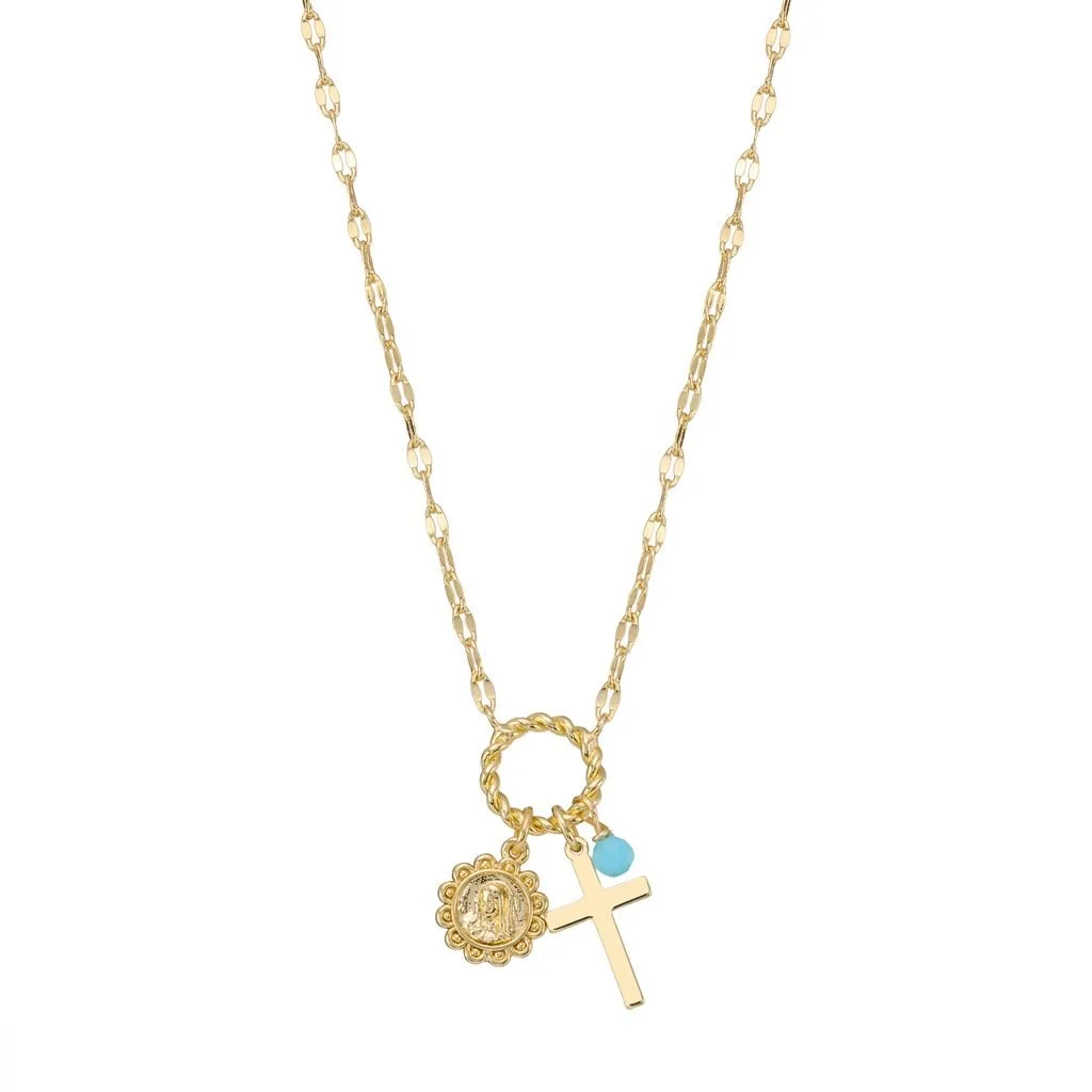 Gold Plated Blue Crystal Charm Cross Necklace