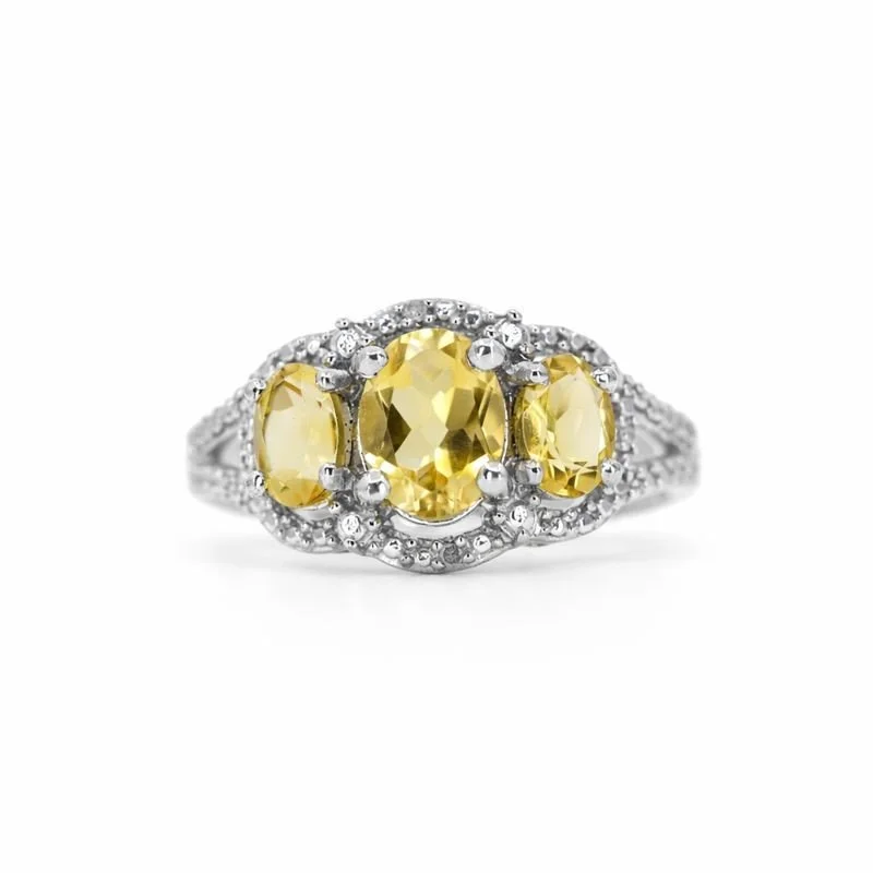 Sterling Silver Triple Citrine & Diamond Accent Ring