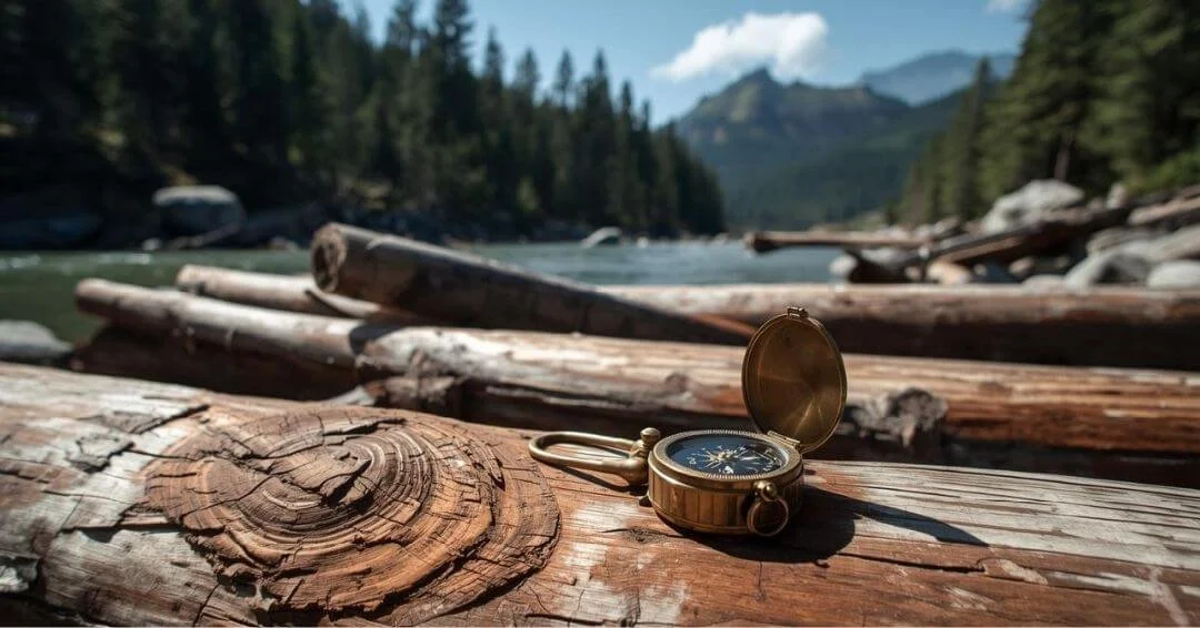 a log jam on a mountain river with a compass placed on a log