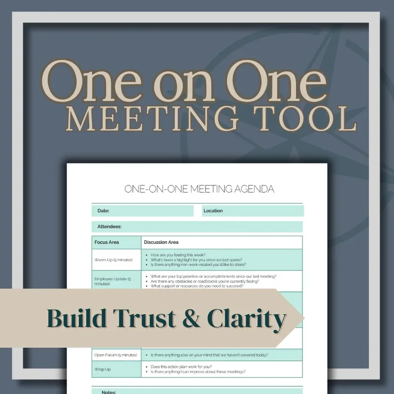One on One Meeting Tool” cover graphic with 1:1 meeting agenda preview and banner reading “Build Trust & Clarity.