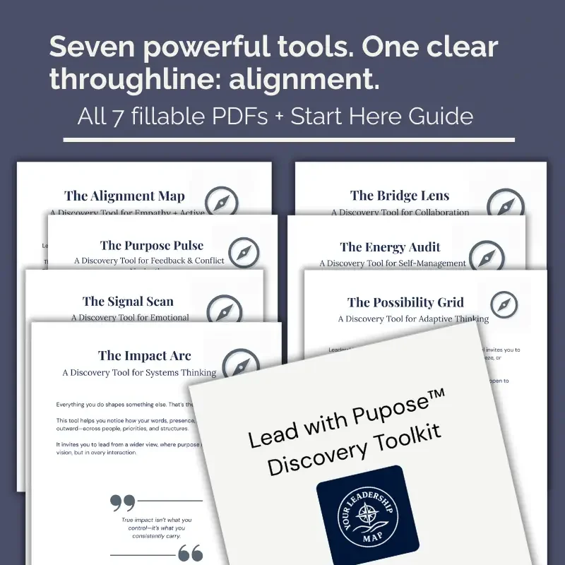 Overview graphic showing the seven tools included in the Lead with Purpose Pathway Discovery Toolkit, presented as printable PDF worksheets and guides.