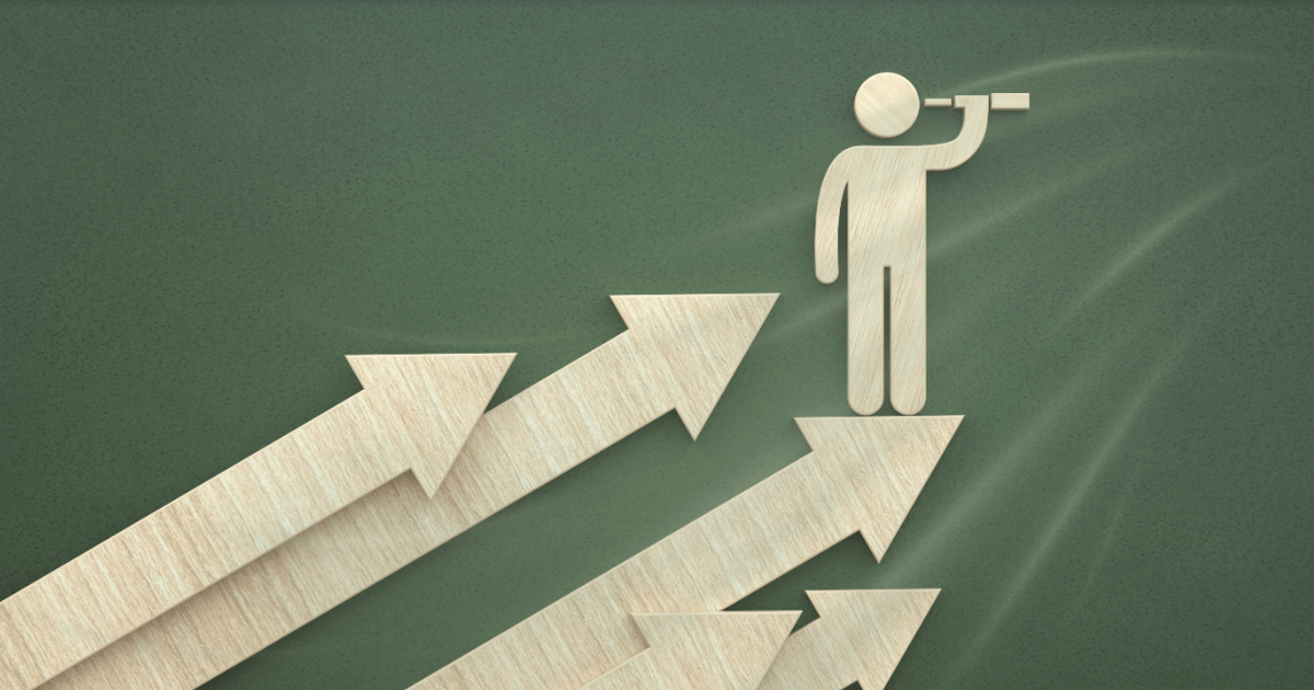 Managing up to your VP or CEO hero image showing a leader on rising arrows using a telescope to illustrate gaining executive-level perspective