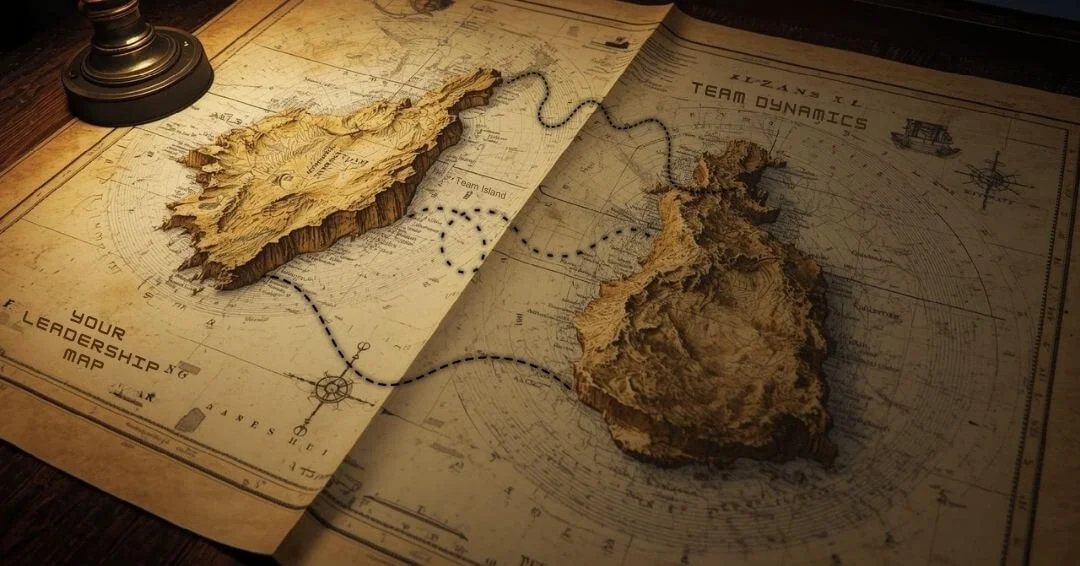 A detailed map with two distinct land areas and marked routes between them, illustrating how team roles, boundaries, and coordination rules shape how work moves across a system.