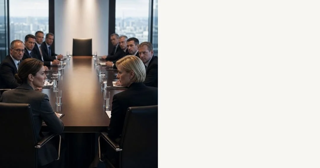 Two women sit across from each other in a boardroom dominated by male executives, with one empty chair at the head of the table.
