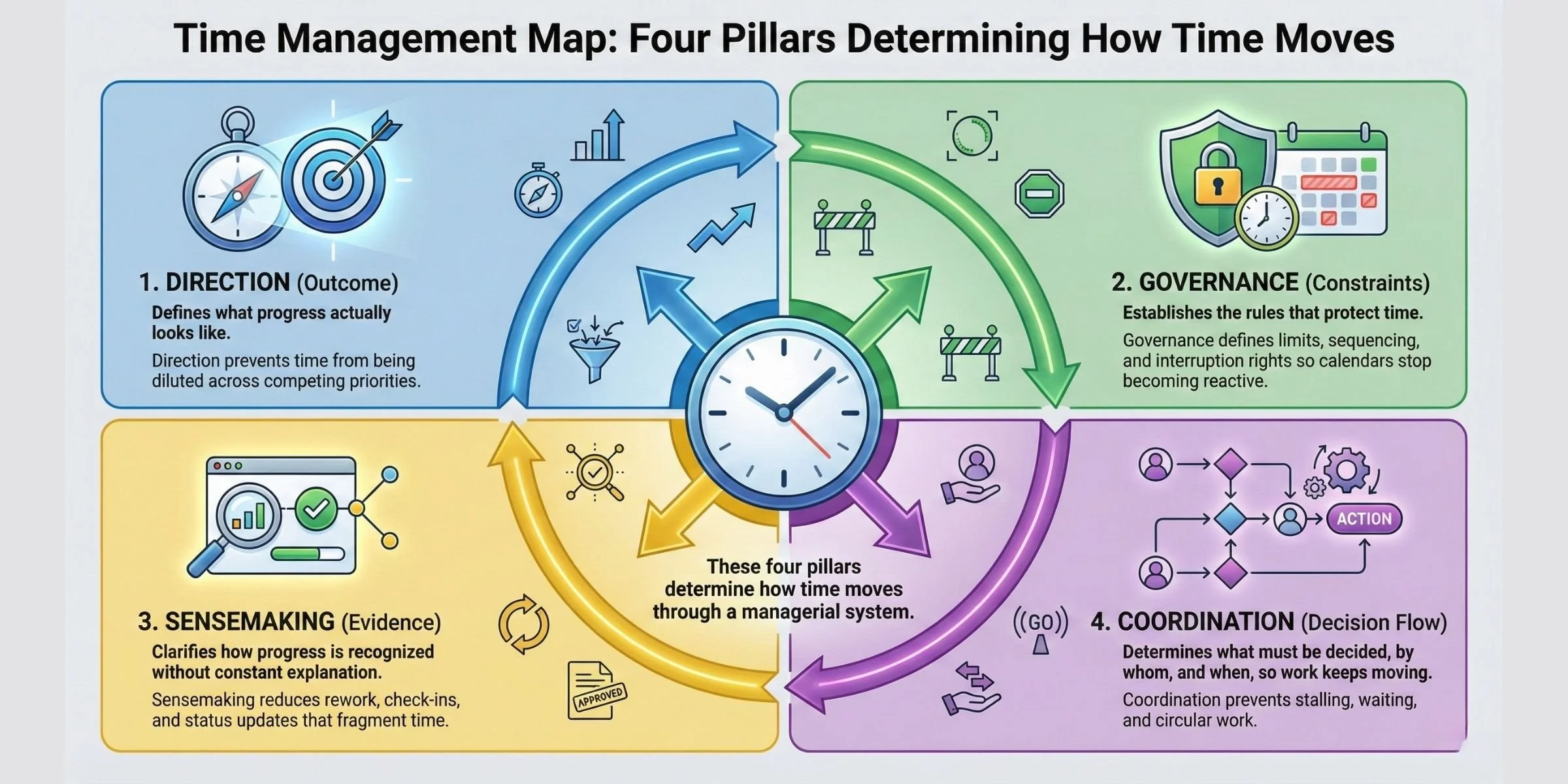 Diagram showing four pillars of time management with a central clock. Pillars are: 1. Direction, defining progress and prioritization; 2. Governance, setting rules and limits; 3. Sensemaking, recognizing progress and reducing rework; 4. Coordination, deciding work and preventing delays. Arrows connect the pillars