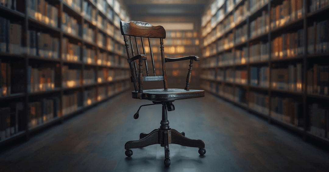 A high-resolution, realistic photograph of a Victorian inventor’s workshop. A sturdy, antique wooden chair with an intricate brass-and-iron wheel system sits in the center of a sunlit room filled with floor-to-ceiling bookshelves