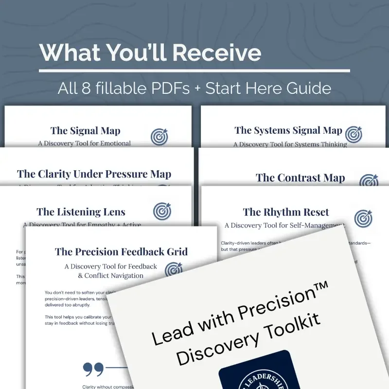 Overview graphic showing the full set of fillable PDFs included in the Lead with Precision Pathway Discovery Toolkit, including feedback and clarity tools.