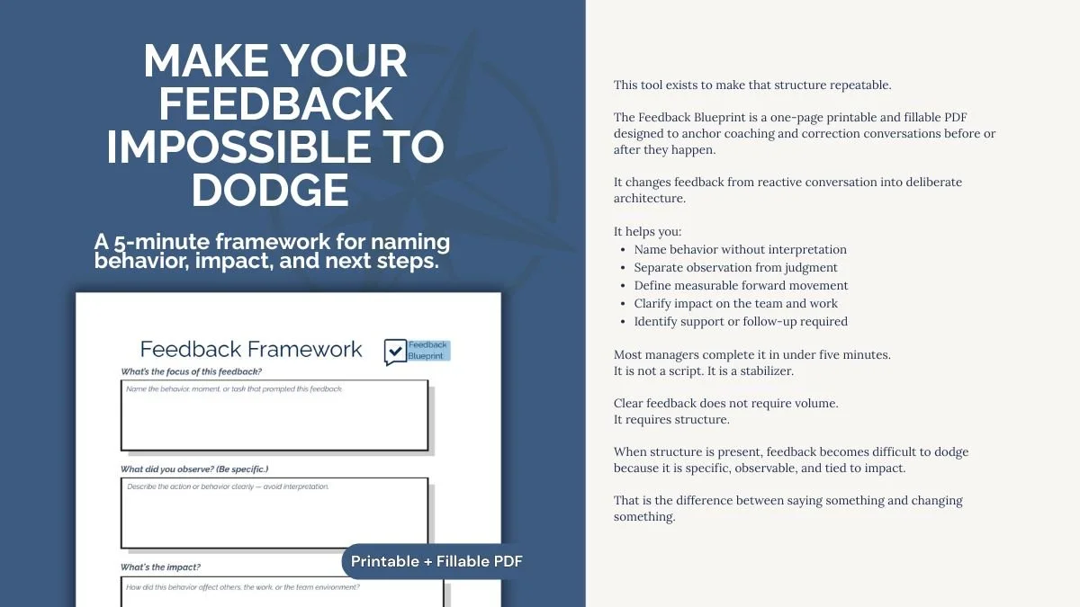 The Feedback Framework is a one-page PDF that helps you name behavior, impact, and next steps before you deliver feedback.