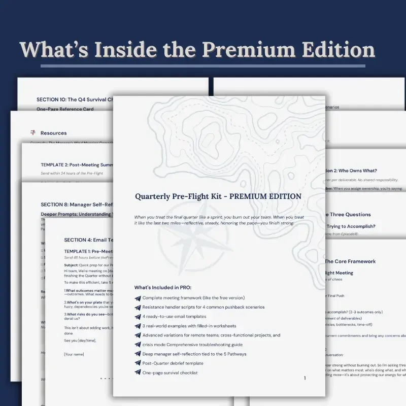Overview of the Quarterly Pre-Flight Kit Premium Edition contents, including structured planning pages, reflection prompts, and leadership tools.
