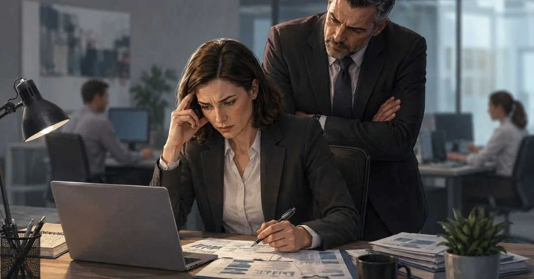 A manager reviewing their own work while a supervisor stands behind them.