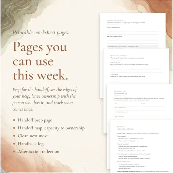 Printable worksheet pages from the Support Delegation Field Guide: prep page, handoff map, handback log