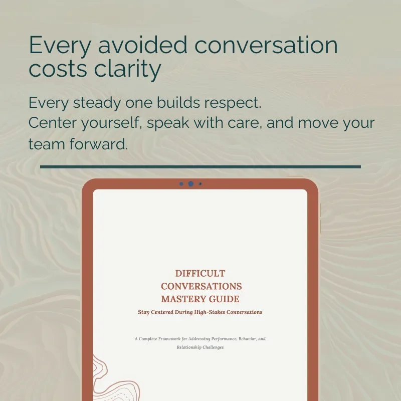 Quote graphic: “Every avoided conversation costs clarity,” on topographic background with guide cover preview.