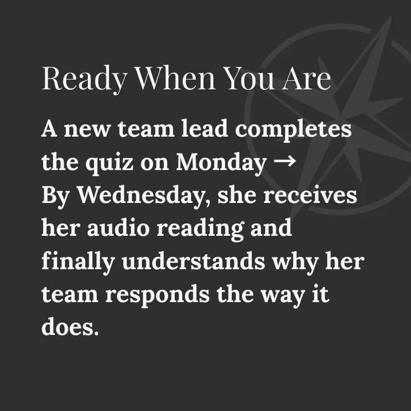 Dark background slide describing a scenario where a new team lead completes a quiz and receives an audio reading explaining team dynamics within a few days.