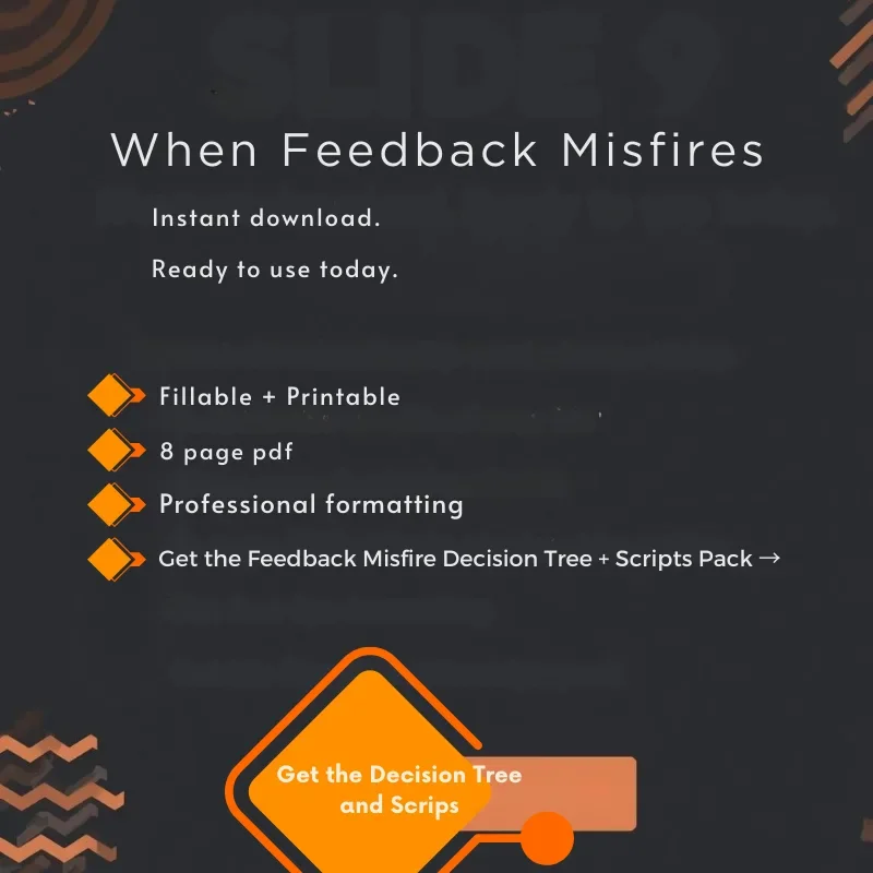 Dark background with coral/orange directional arrow and text "When Feedback Misfires: Instant download. Ready to use today." listing product features including fillable, printable, 8 page pdf