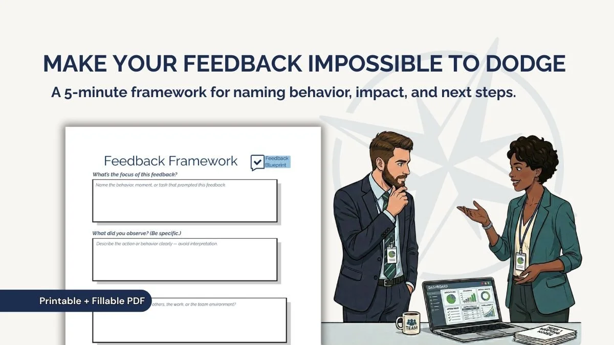An illustration of a manager and a co-worker reviewing performance metrics, paired with a visual preview of a structured leadership tool for naming behavior and next steps.