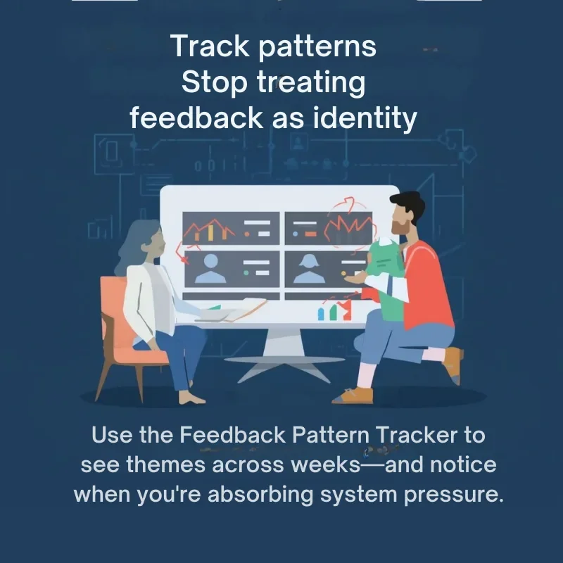 Navy blue slide with illustration of manager at desk with multiple screens, text reads "Track patterns Stop treating feedback as identity" with description of Pattern Tracker