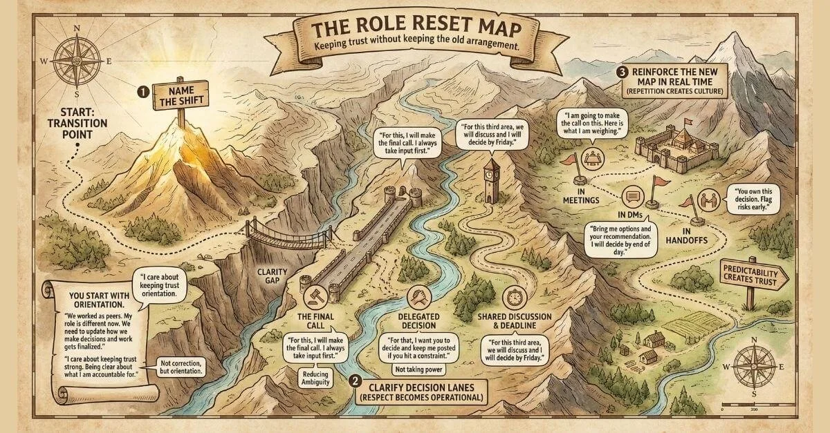 An illustrated topographical map showing the 3 step Role Reset Map