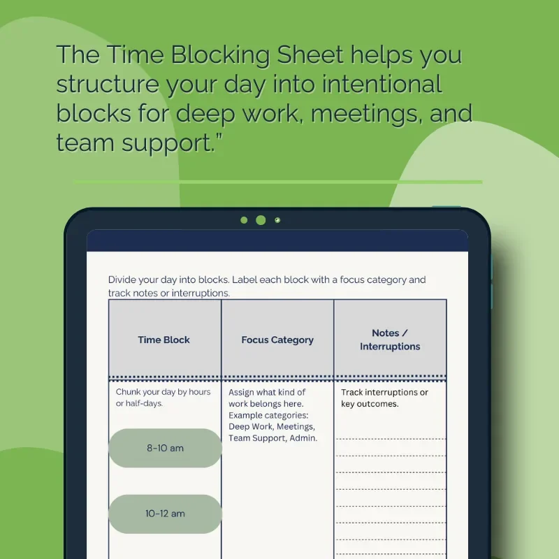 Green listing graphic explaining the Time Blocking Sheet helps structure your day into intentional blocks, with a planner layout preview.