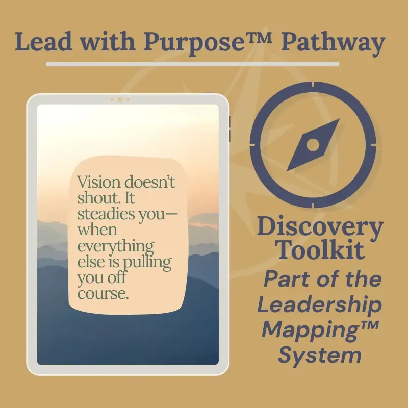 Lead with Purpose Pathway graphic showing the Discovery Toolkit as part of a leadership development system focused on purpose, steadiness, and internal alignment.