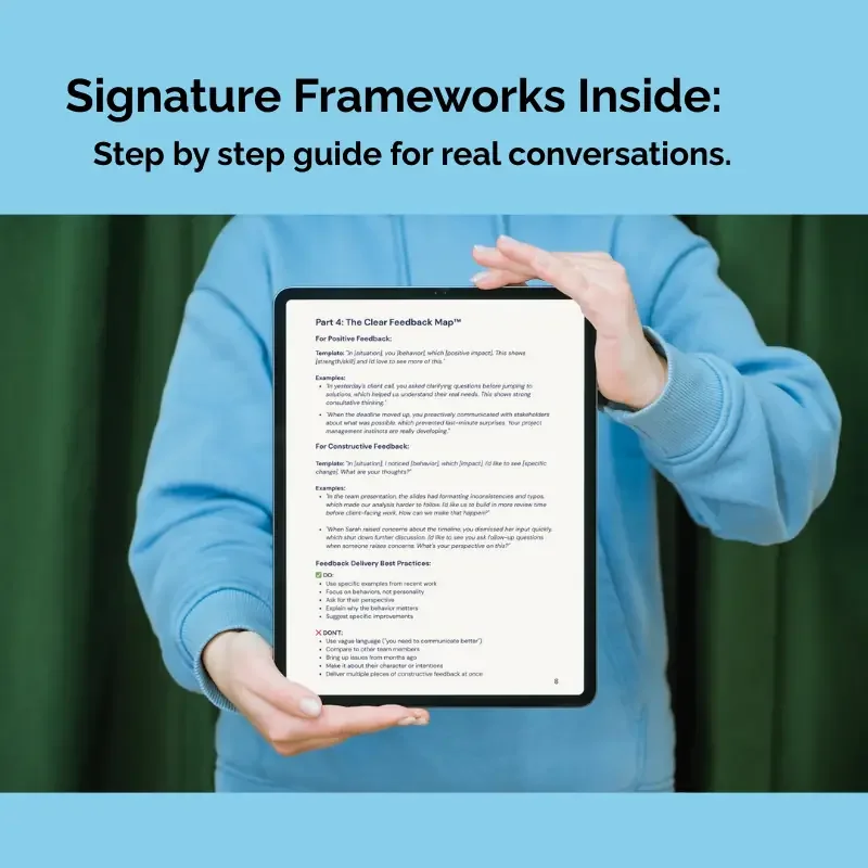 Demonstration image showing a tablet displaying a performance review framework from the Performance Review Manager Toolkit.