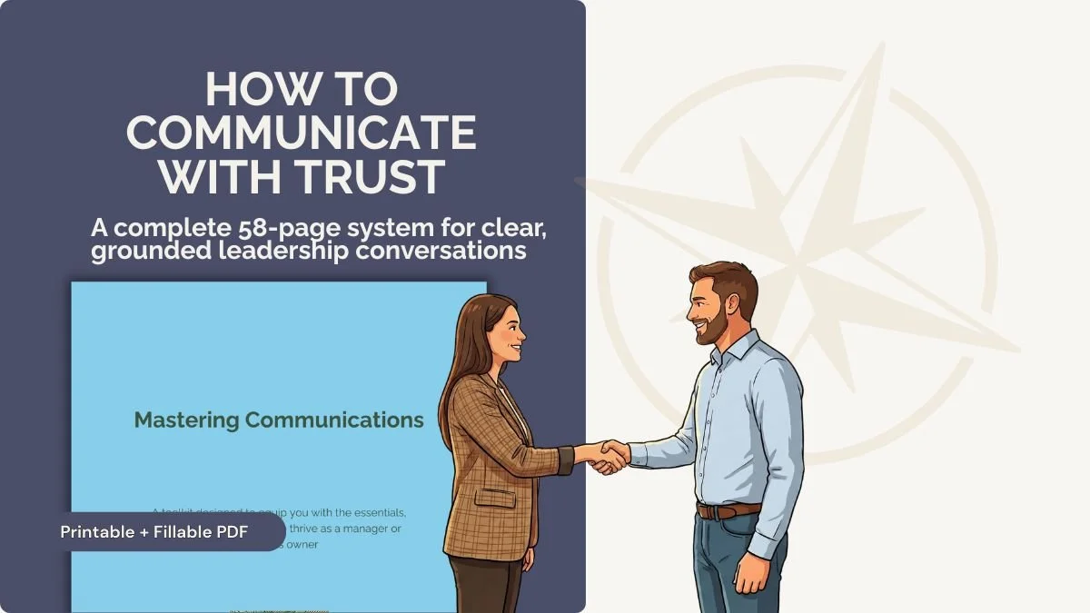 Promotional graphic for the Mastering Communications System featuring a cartoon of a man and woman shaking hands to indicate professional trust.