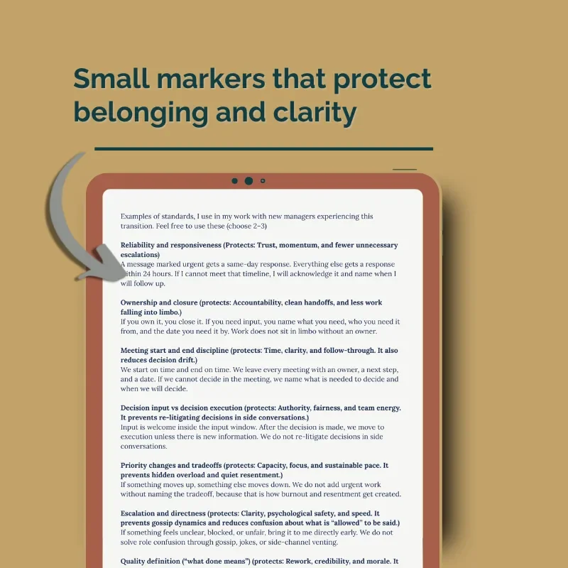 Tablet preview showing standards for Reliability, Ownership, and Meeting Discipline