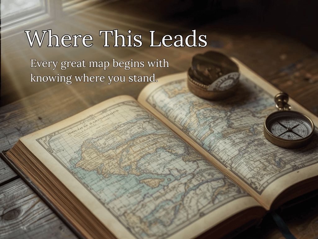 An open vintage atlas with detailed topographical maps and a brass compass resting on a rustic wooden table, featuring an overlay that describes the Leadership Cartography™ journey from discovery to mastery.