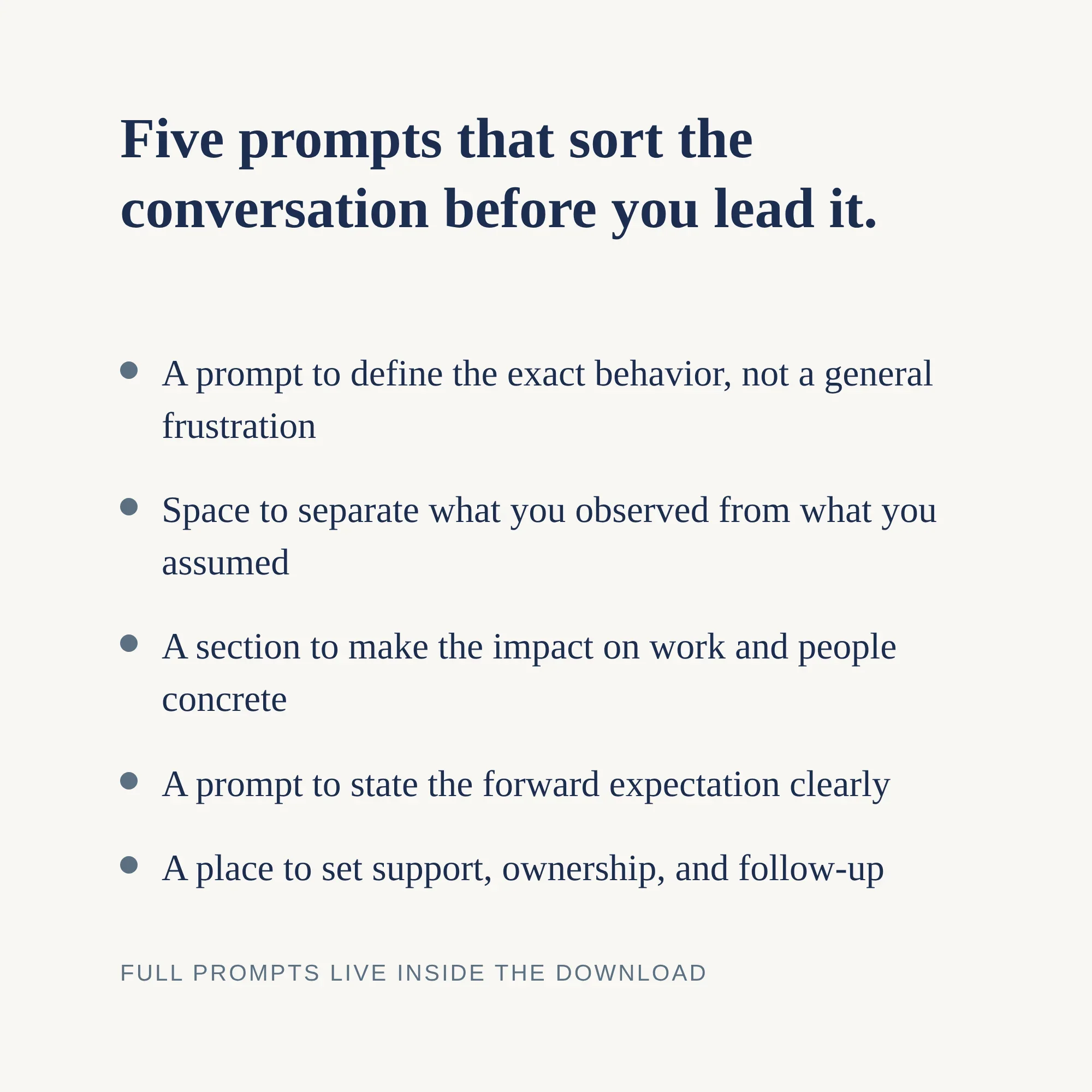 What is inside the Feedback Blueprint: prompts for behavior, observation, impact, forward expectation, and follow-up.