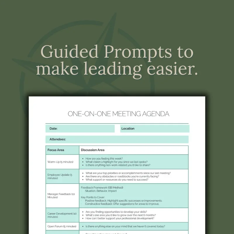 Listing graphic with headline “Guided Prompts to make leading easier.” and a preview of the one-on-one meeting agenda.